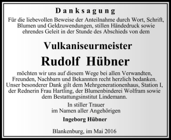 Traueranzeige von Rudolf Hübner  von Magdeburger Volksstimme
