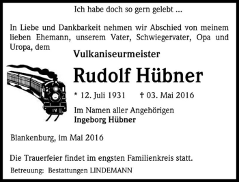 Traueranzeige von Rudolf Hübner  von Magdeburger Volksstimme