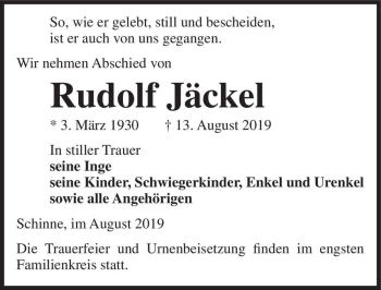 Traueranzeige von Rudolf Jäckel  von Magdeburger Volksstimme