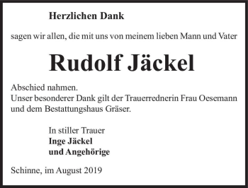 Traueranzeige von Rudolf Jäckel  von Magdeburger Volksstimme