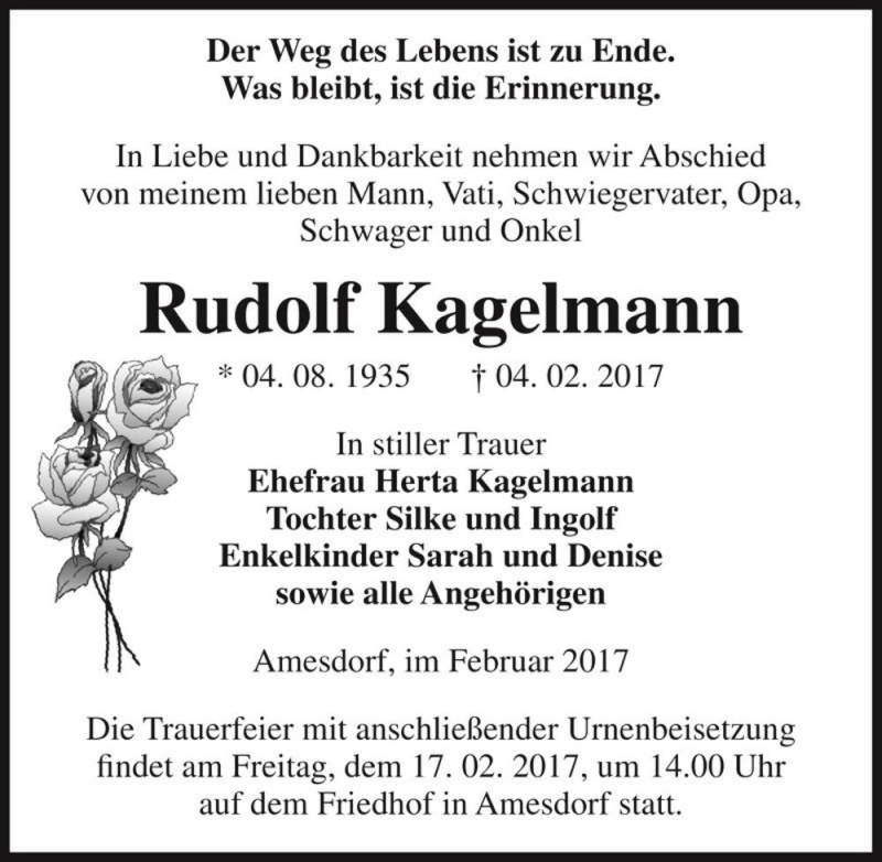  Traueranzeige für Rudolf Kagelmann  vom 11.02.2017 aus Magdeburger Volksstimme