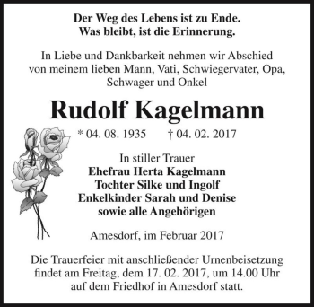 Traueranzeige von Rudolf Kagelmann  von Magdeburger Volksstimme