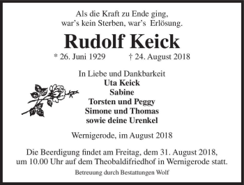 Traueranzeige von Rudolf Keick  von Magdeburger Volksstimme