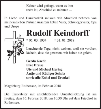 Traueranzeige von Rudolf Keindorff  von Magdeburger Volksstimme