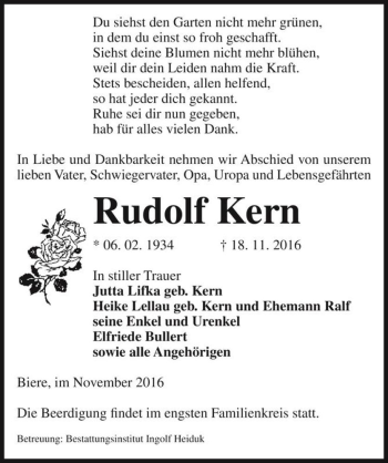 Traueranzeige von Rudolf Kern  von Magdeburger Volksstimme