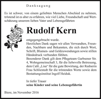 Traueranzeige von Rudolf Kern  von Magdeburger Volksstimme