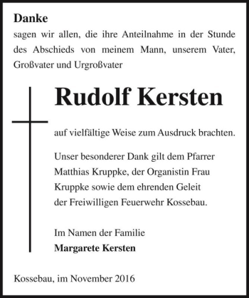 Traueranzeige von Rudolf Kersten  von Magdeburger Volksstimme