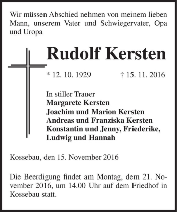 Traueranzeige von Rudolf Kersten  von Magdeburger Volksstimme