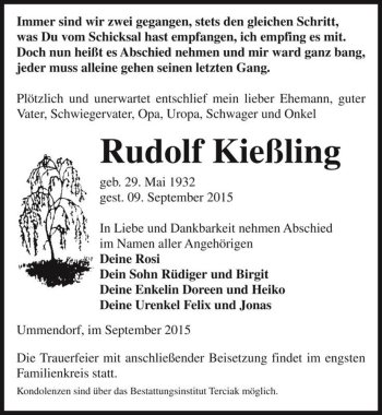 Traueranzeige von Rudolf Kießling  von Magdeburger Volksstimme