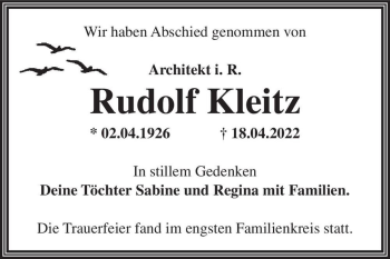 Traueranzeige von Rudolf Kleitz  von Magdeburger Volksstimme