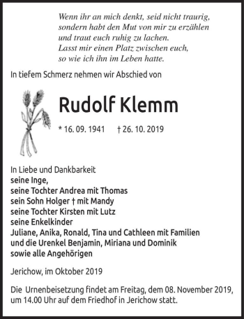 Traueranzeige von Rudolf Klemm  von Magdeburger Volksstimme