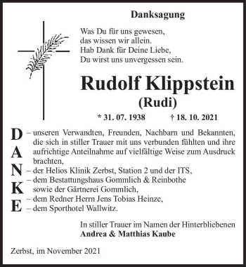 Traueranzeige von Rudolf Klippstein (Rudi)  von Magdeburger Volksstimme