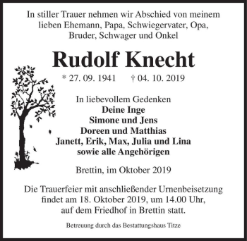Traueranzeige von Rudolf Knecht  von Magdeburger Volksstimme