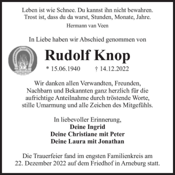 Traueranzeige von Rudolf Knop  von Magdeburger Volksstimme
