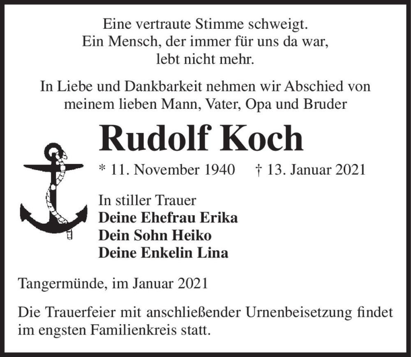  Traueranzeige für Rudolf Koch  vom 20.01.2021 aus Magdeburger Volksstimme