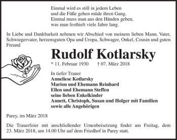 Traueranzeige von Rudolf Kotlarsky  von Magdeburger Volksstimme