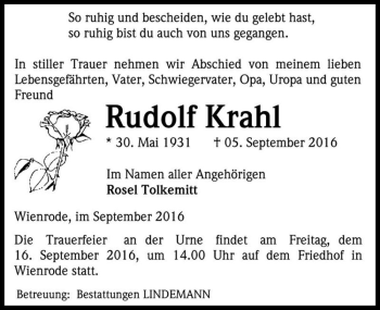 Traueranzeige von Rudolf Krahl  von Magdeburger Volksstimme