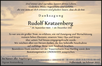 Traueranzeige von Rudolf Kratzenberg  von Magdeburger Volksstimme
