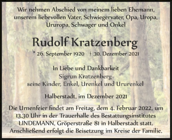 Traueranzeige von Rudolf Kratzenberg  von Magdeburger Volksstimme