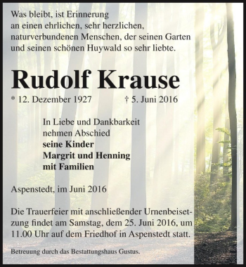 Traueranzeige von Rudolf Krause  von Magdeburger Volksstimme