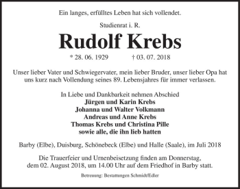 Traueranzeige von Rudolf Krebs  von Magdeburger Volksstimme