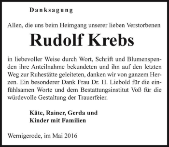 Traueranzeige von Rudolf Krebs  von Magdeburger Volksstimme