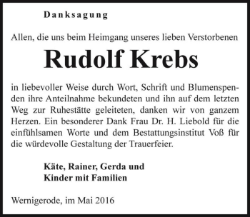 Traueranzeige von Rudolf Krebs  von Magdeburger Volksstimme