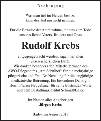 Traueranzeige von Rudolf Krebs  von Magdeburger Volksstimme
