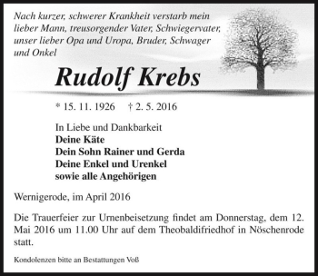 Traueranzeige von Rudolf Krebs  von Magdeburger Volksstimme
