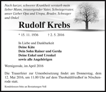 Traueranzeige von Rudolf Krebs  von Magdeburger Volksstimme