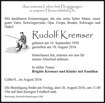 Traueranzeige von Rudolf Kremser  von Magdeburger Volksstimme