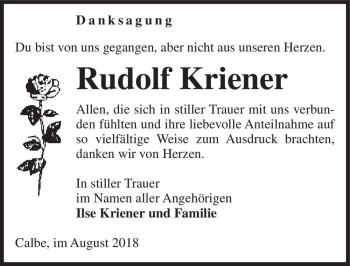 Traueranzeige von Rudolf Kriener  von Magdeburger Volksstimme