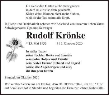 Traueranzeige von Rudolf Krönke  von Magdeburger Volksstimme