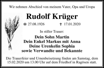 Traueranzeige von Rudolf Krüger  von Magdeburger Volksstimme