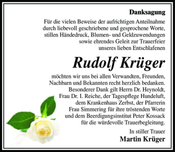 Traueranzeige von Rudolf Krüger  von Magdeburger Volksstimme