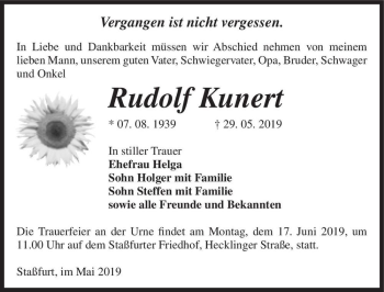 Traueranzeige von Rudolf Kunert  von Magdeburger Volksstimme