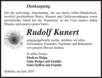 Traueranzeige von Rudolf Kunert  von Magdeburger Volksstimme