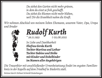 Traueranzeige von Rudolf Kurth  von Magdeburger Volksstimme