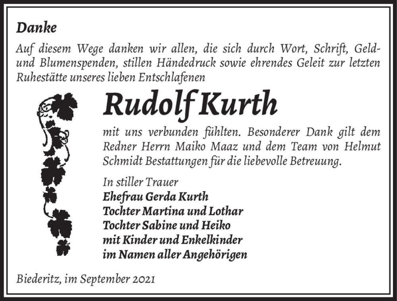  Traueranzeige für Rudolf Kurth  vom 04.09.2021 aus Magdeburger Volksstimme