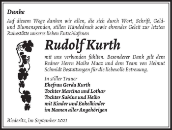 Traueranzeige von Rudolf Kurth  von Magdeburger Volksstimme