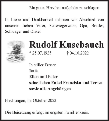 Traueranzeige von Rudolf Kusebauch  von Magdeburger Volksstimme