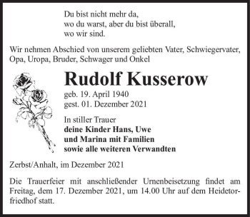 Traueranzeige von Rudolf Kusserow  von Magdeburger Volksstimme