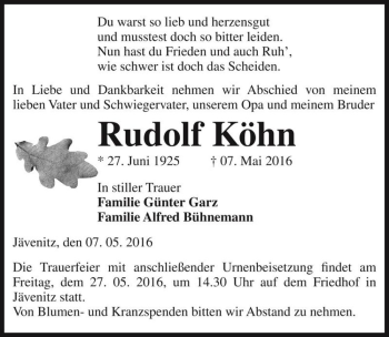 Traueranzeige von Rudolf Köhn  von Magdeburger Volksstimme