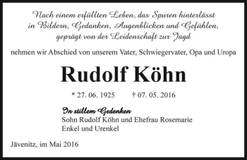 Traueranzeige von Rudolf Köhn  von Magdeburger Volksstimme
