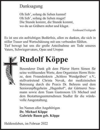Traueranzeige von Rudolf Köppe  von Magdeburger Volksstimme