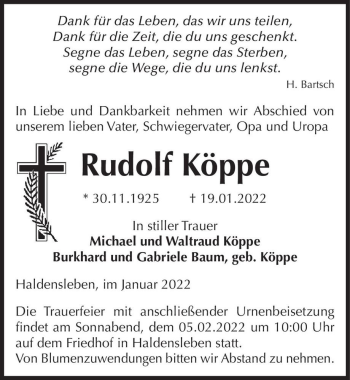 Traueranzeige von Rudolf Köppe  von Magdeburger Volksstimme