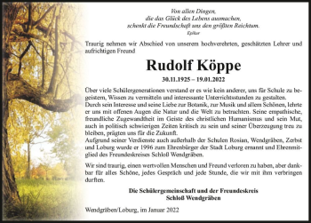 Traueranzeige von Rudolf Köppe  von Magdeburger Volksstimme