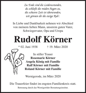 Traueranzeige von Rudolf Körner  von Magdeburger Volksstimme