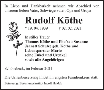 Traueranzeige von Rudolf Köthe  von Magdeburger Volksstimme