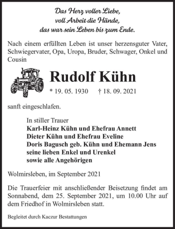 Traueranzeige von Rudolf Kühn  von Magdeburger Volksstimme